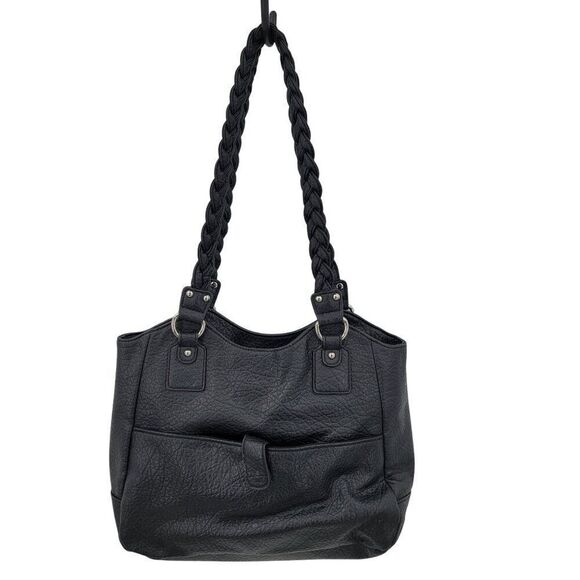 Black Braided Handle Vegan Faux Leather Shoulder Bag Multiple Compartments - Picture 3 of 13